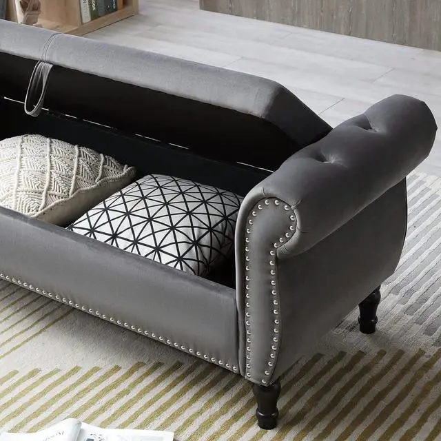 Alt view image 6 of 7 - Storage Bench for Bedroom End of Bed, 63" Long Velvet Tufted Upholstered Storage Ottoman Bench for Bedroom, Rolled Arm Nailhead Trim with Pillow(Grey)