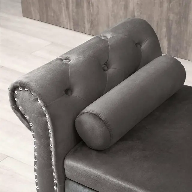 Alt view image 7 of 7 - Storage Bench for Bedroom End of Bed, 63" Long Velvet Tufted Upholstered Storage Ottoman Bench for Bedroom, Rolled Arm Nailhead Trim with Pillow(Grey)