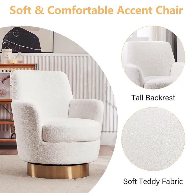 Alt view image 4 of 6 - Swivel Barrel Chair,Modern Comfy Teddy Upholstered Round Swivel Accent Chairs,360 Degree Single Sofa Chair for Living Room, (White*1PCS)