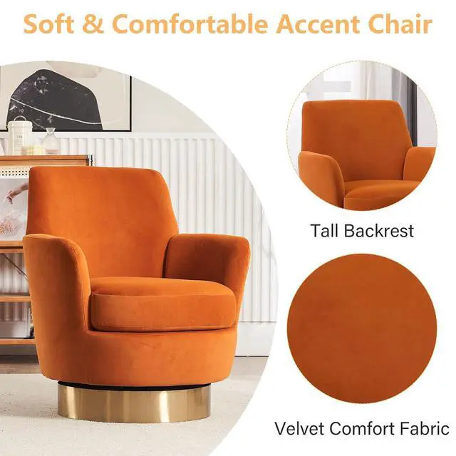 Alt view image 4 of 6 - Swivel Barrel Chair,Modern Velvet Upholstered Round Swivel Accent Chairs with Tall Backrest,360 Degree Single Sofa Chair Armchair for Living Room, (Orange*1PCS)