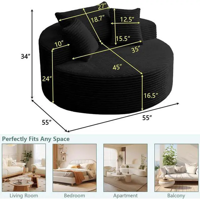 Alt view image 2 of 6 - 55'' Oversized Round Lounge Chair Indoor, Corduroy Upholstered Large Lounge Chaise, Cloud Soft Circle Sofa Bed for Reading,Living Room,Bedroom,No Assembly Required,Black