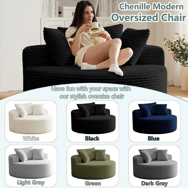 Alt view image 6 of 6 - 55'' Oversized Round Lounge Chair Indoor, Corduroy Upholstered Large Lounge Chaise, Cloud Soft Circle Sofa Bed for Reading,Living Room,Bedroom,No Assembly Required,Black