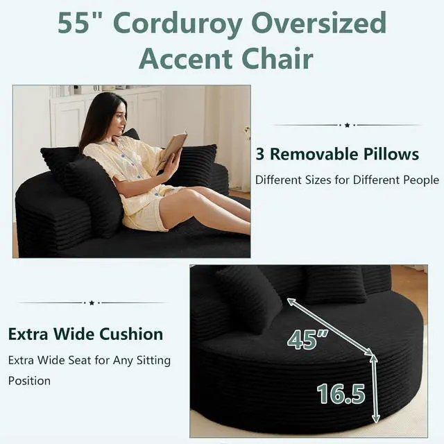 Alt view image 5 of 6 - 55'' Oversized Round Lounge Chair Indoor, Corduroy Upholstered Large Lounge Chaise, Cloud Soft Circle Sofa Bed for Reading,Living Room,Bedroom,No Assembly Required,Black