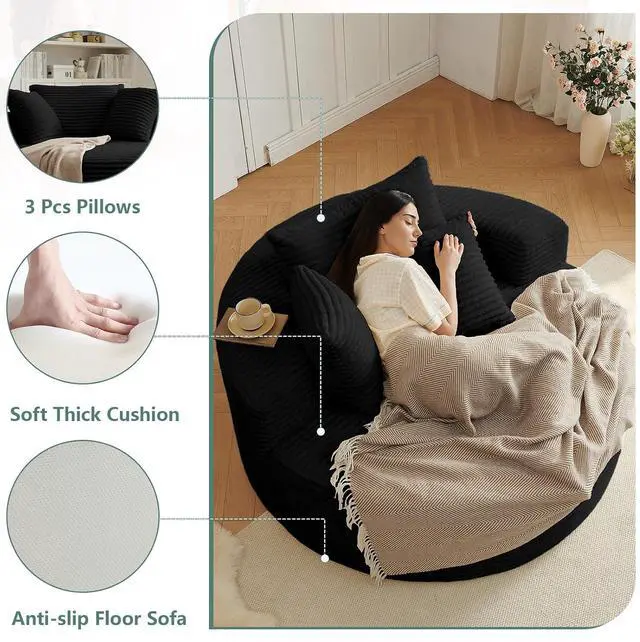 Alt view image 3 of 6 - 55'' Oversized Round Lounge Chair Indoor, Corduroy Upholstered Large Lounge Chaise, Cloud Soft Circle Sofa Bed for Reading,Living Room,Bedroom,No Assembly Required,Black