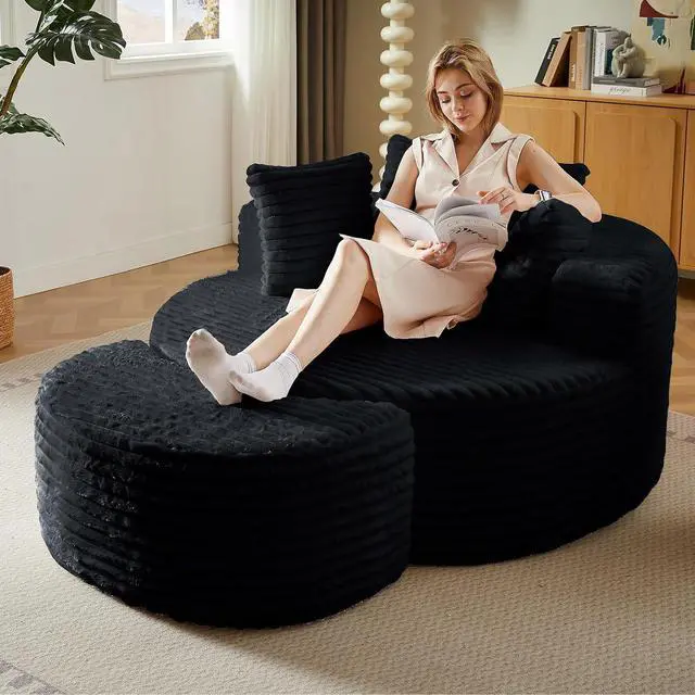 Main image of 55'' Oversized Round Lounge Chair with Ottoman Indoor, Corduroy Upholstered Large Lounge Chaise, Cloud Soft Circle Sofa Bed for Reading,Living Room,Bedroom,No Assembly Required,Black