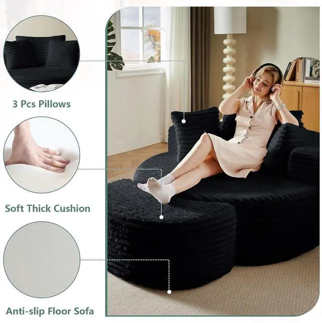 Alt view image 3 of 6 - 55'' Oversized Round Lounge Chair with Ottoman Indoor, Corduroy Upholstered Large Lounge Chaise, Cloud Soft Circle Sofa Bed for Reading,Living Room,Bedroom,No Assembly Required,Black