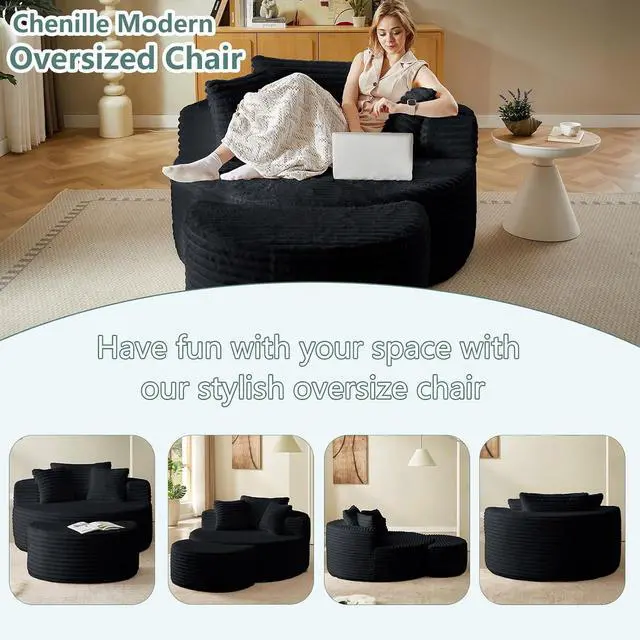 Alt view image 5 of 7 - 55'' Oversized Round Chair Lounge Chaise Indoor with Ottoman, Cloud Corduroy Upholstered Floor Sofa, Boneless Circle Chair for Reading, Living Room, Bedroom, Apartment, Jet Black