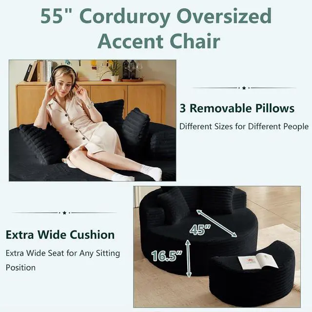Alt view image 4 of 7 - 55'' Oversized Round Chair Lounge Chaise Indoor with Ottoman, Cloud Corduroy Upholstered Floor Sofa, Boneless Circle Chair for Reading, Living Room, Bedroom, Apartment, Jet Black