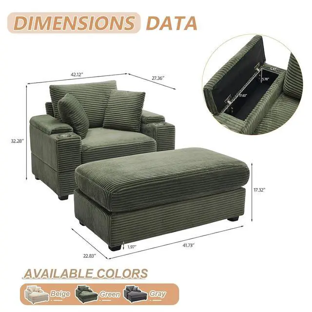 Alt view image 2 of 7 - 42.12" Oversized Chaise Lounge Chair Indoor with Ottoman & Storage,Comfy Corduroy Reading Chairs with Cup Holder & Pillow,Modern Deep Seat Sofa Bed, Accent Chair for Living Room Bedroom(Green)