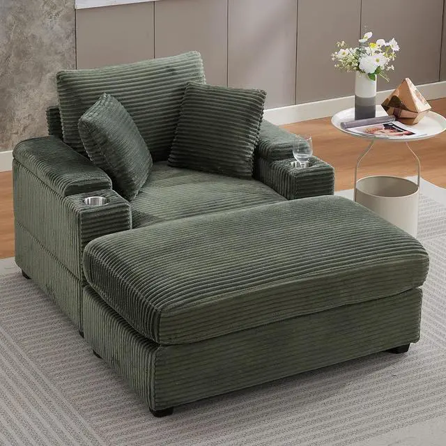 Main image of 42.12" Oversized Chaise Lounge Chair Indoor with Ottoman & Storage,Comfy Corduroy Reading Chairs with Cup Holder & Pillow,Modern Deep Seat Sofa Bed, Accent Chair for Living Room Bedroom(Green)