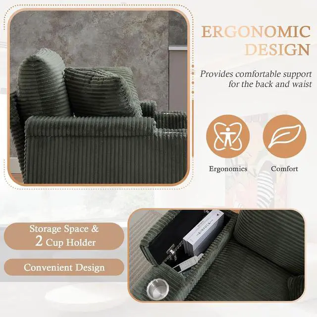 Alt view image 4 of 7 - 42.12" Oversized Chaise Lounge Chair Indoor with Ottoman & Storage,Comfy Corduroy Reading Chairs with Cup Holder & Pillow,Modern Deep Seat Sofa Bed, Accent Chair for Living Room Bedroom(Green)