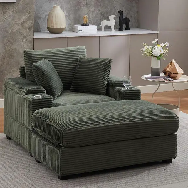 Alt view image 3 of 7 - 42.12" Oversized Chaise Lounge Chair Indoor with Ottoman & Storage,Comfy Corduroy Reading Chairs with Cup Holder & Pillow,Modern Deep Seat Sofa Bed, Accent Chair for Living Room Bedroom(Green)