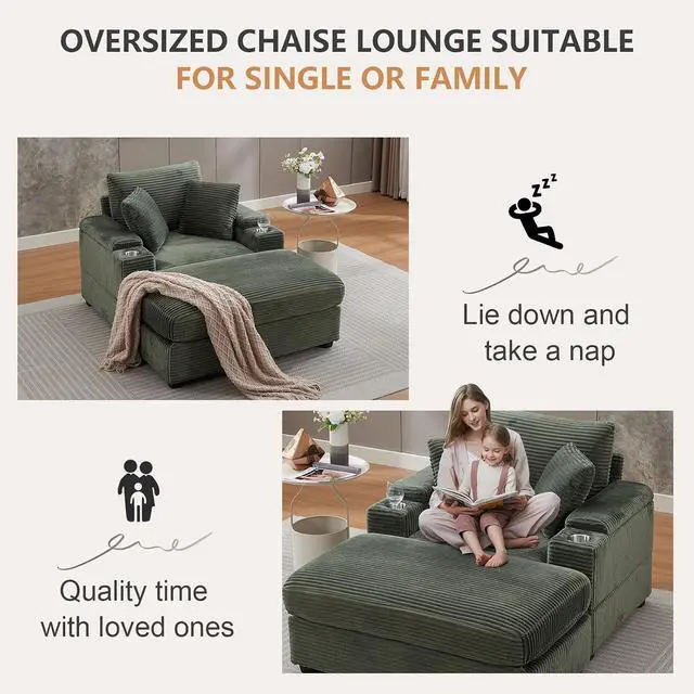 Alt view image 5 of 7 - 42.12" Oversized Chaise Lounge Chair Indoor with Ottoman & Storage,Comfy Corduroy Reading Chairs with Cup Holder & Pillow,Modern Deep Seat Sofa Bed, Accent Chair for Living Room Bedroom(Green)