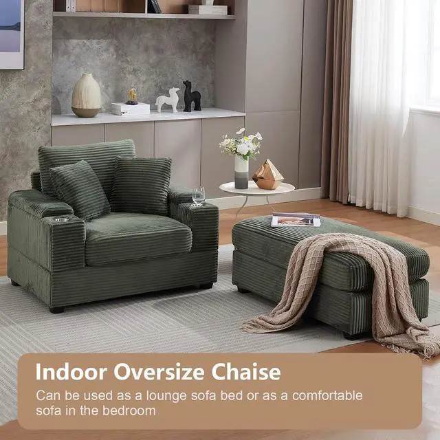 Alt view image 7 of 7 - 42.12" Oversized Chaise Lounge Chair Indoor with Ottoman & Storage,Comfy Corduroy Reading Chairs with Cup Holder & Pillow,Modern Deep Seat Sofa Bed, Accent Chair for Living Room Bedroom(Green)