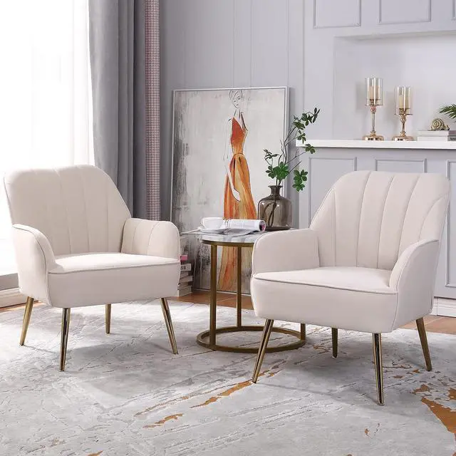 Alt view image 3 of 7 - Velvet Accent Chair Set of 2,Modern Comfy Upholstered Armchair Cozy Single Sofa Chairs with Gold Metal Legs for Living Room,Reading,Bedroom,Office(Beige)
