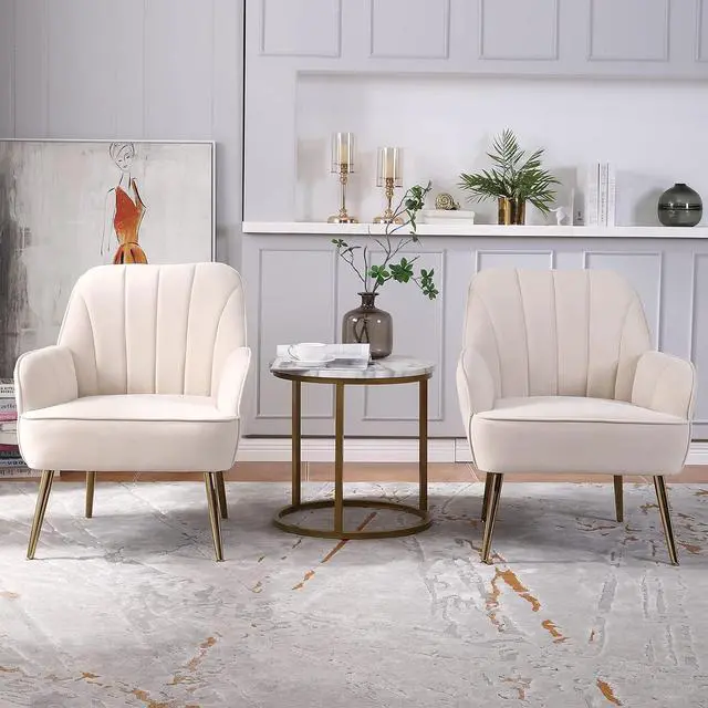 Alt view image 7 of 7 - Velvet Accent Chair Set of 2,Modern Comfy Upholstered Armchair Cozy Single Sofa Chairs with Gold Metal Legs for Living Room,Reading,Bedroom,Office(Beige)
