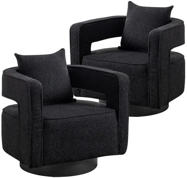 Main image of Swivel Barrel Chair Set of 2, Modern Teddy Round Accent Chairs Curved Open Back, 360 Degree Swivel Arm Chair with Pillow, Single Sofa Chair for Living Room Bedroom,Black