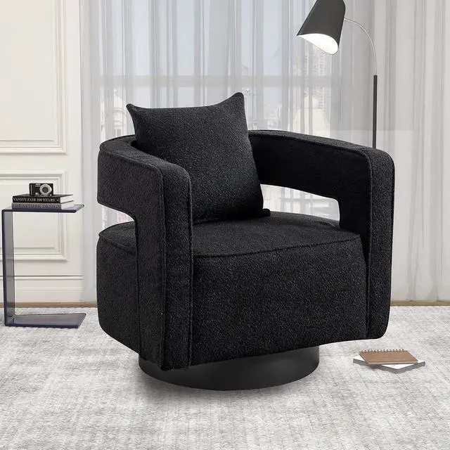 Alt view image 2 of 7 - Swivel Barrel Chair, Modern Teddy Round Accent Chairs Curved Open Back, 360 Degree Swivel Arm Chair with Pillow, Single Sofa Chair for Living Room Bedroom,Black
