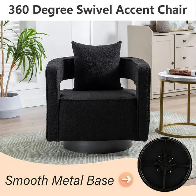 Alt view image 4 of 7 - Swivel Barrel Chair, Modern Teddy Round Accent Chairs Curved Open Back, 360 Degree Swivel Arm Chair with Pillow, Single Sofa Chair for Living Room Bedroom,Black