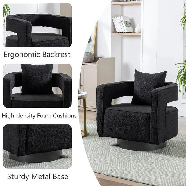 Alt view image 5 of 7 - Swivel Barrel Chair, Modern Teddy Round Accent Chairs Curved Open Back, 360 Degree Swivel Arm Chair with Pillow, Single Sofa Chair for Living Room Bedroom,Black
