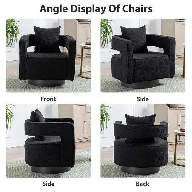Alt view image 6 of 7 - Swivel Barrel Chair, Modern Teddy Round Accent Chairs Curved Open Back, 360 Degree Swivel Arm Chair with Pillow, Single Sofa Chair for Living Room Bedroom,Black