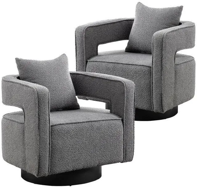 Main image of Swivel Barrel Chair Set of 2, Modern Teddy Round Accent Chairs Curved Open Back, 360 Degree Swivel Arm Chair with Pillow, Single Sofa Chair for Living Room Bedroom,Grey