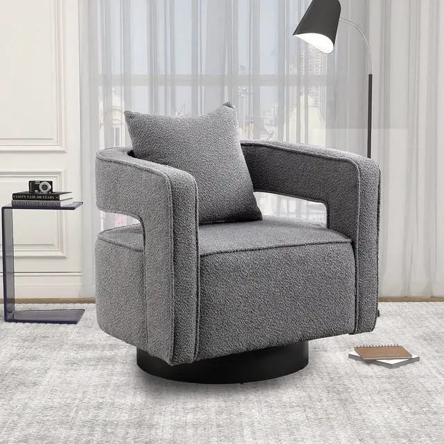 Alt view image 2 of 7 - Swivel Barrel Chair Set of 2, Modern Teddy Round Accent Chairs Curved Open Back, 360 Degree Swivel Arm Chair with Pillow, Single Sofa Chair for Living Room Bedroom,Grey