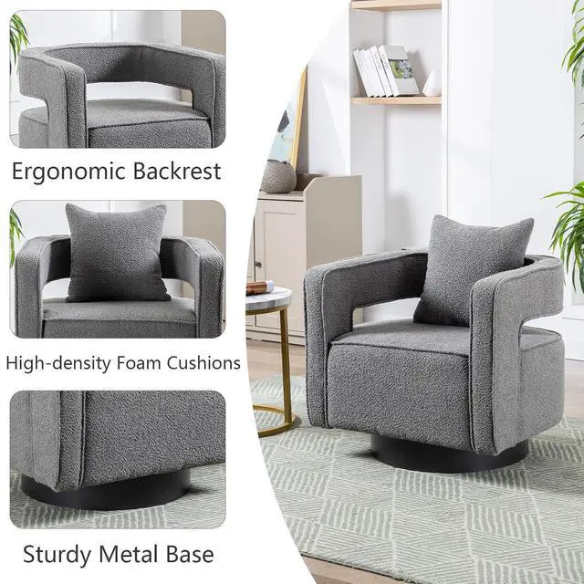 Alt view image 5 of 7 - Swivel Barrel Chair Set of 2, Modern Teddy Round Accent Chairs Curved Open Back, 360 Degree Swivel Arm Chair with Pillow, Single Sofa Chair for Living Room Bedroom,Grey