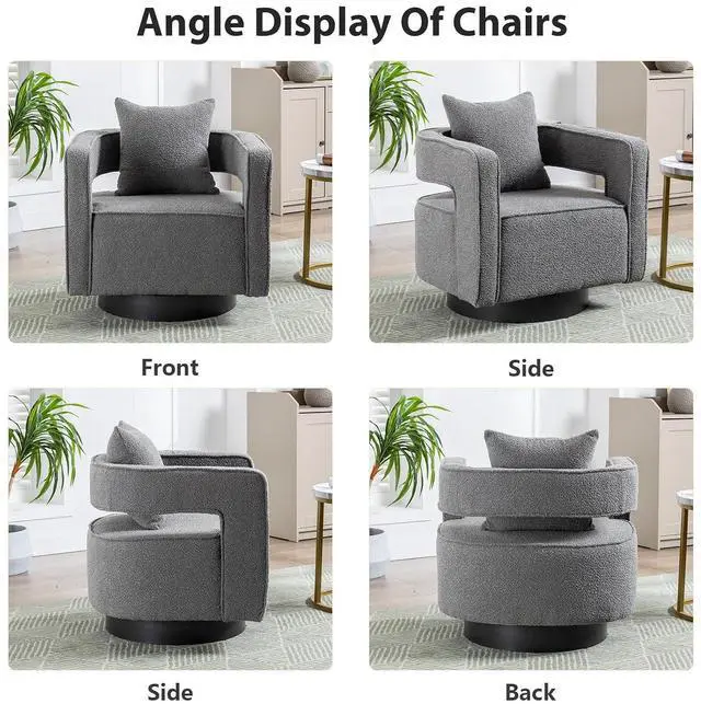 Alt view image 6 of 7 - Swivel Barrel Chair Set of 2, Modern Teddy Round Accent Chairs Curved Open Back, 360 Degree Swivel Arm Chair with Pillow, Single Sofa Chair for Living Room Bedroom,Grey