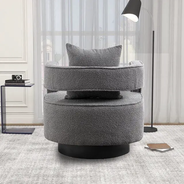 Alt view image 7 of 7 - Swivel Barrel Chair Set of 2, Modern Teddy Round Accent Chairs Curved Open Back, 360 Degree Swivel Arm Chair with Pillow, Single Sofa Chair for Living Room Bedroom,Grey