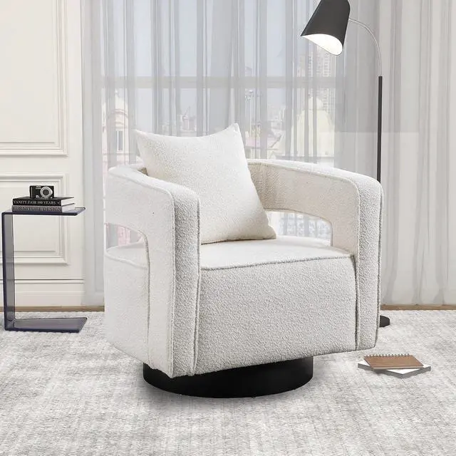 Alt view image 2 of 7 - Swivel Barrel Chair Set of 2, Modern Teddy Round Accent Chairs Curved Open Back, 360 Degree Swivel Arm Chair with Pillow, Single Sofa Chair for Living Room Bedroom,White