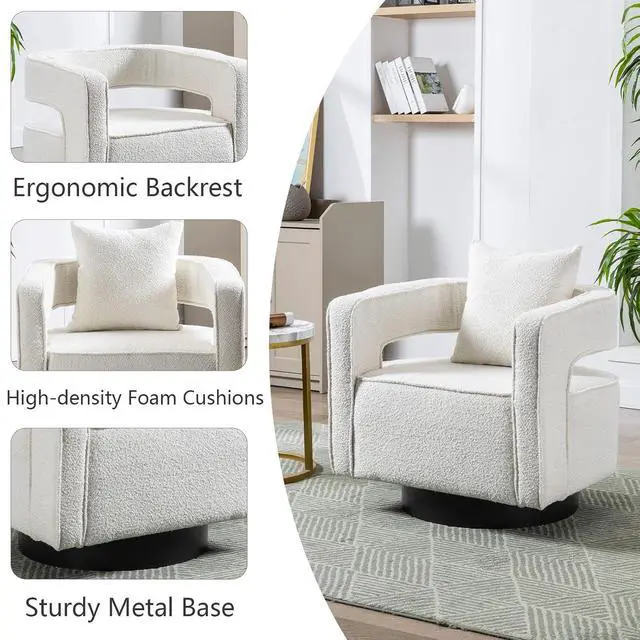 Alt view image 5 of 7 - Swivel Barrel Chair Set of 2, Modern Teddy Round Accent Chairs Curved Open Back, 360 Degree Swivel Arm Chair with Pillow, Single Sofa Chair for Living Room Bedroom,White