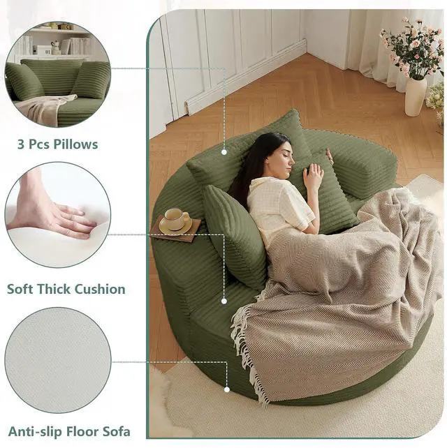 Alt view image 3 of 7 - 55'' Oversized Round Lounge Chair, Corduroy Upholstered Indoor Chaise, Cloud Soft Large Circle Sofa Bed for Reading,Living Room,No Assembly Required,Green
