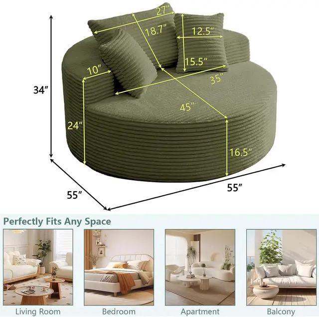 Alt view image 2 of 7 - 55'' Oversized Round Lounge Chair, Corduroy Upholstered Indoor Chaise, Cloud Soft Large Circle Sofa Bed for Reading,Living Room,No Assembly Required,Green