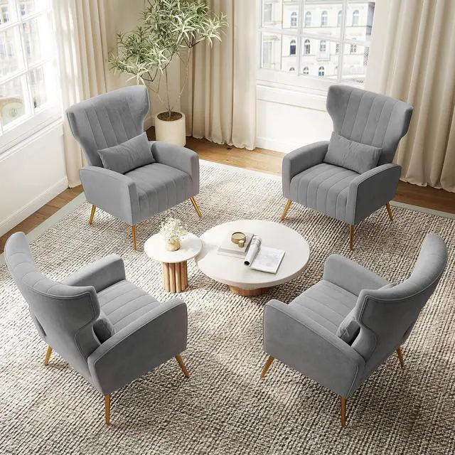Main image of Gary Velvet Accent Chair Set of 4, Wingback Chair for Living Room, High Back Arm Chair with Golden Legs Lumbar Pillow, Upholstered Single Sofa Bedroom