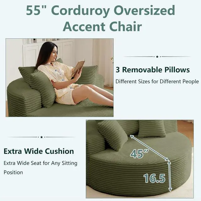 Alt view image 5 of 7 - 55'' Oversized Round Lounge Chair, Corduroy Upholstered Indoor Chaise, Cloud Soft Large Circle Sofa Bed for Reading,Living Room,No Assembly Required,Green