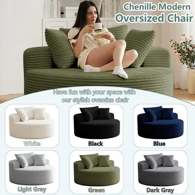 Alt view image 6 of 7 - 55'' Oversized Round Lounge Chair, Corduroy Upholstered Indoor Chaise, Cloud Soft Large Circle Sofa Bed for Reading,Living Room,No Assembly Required,Green