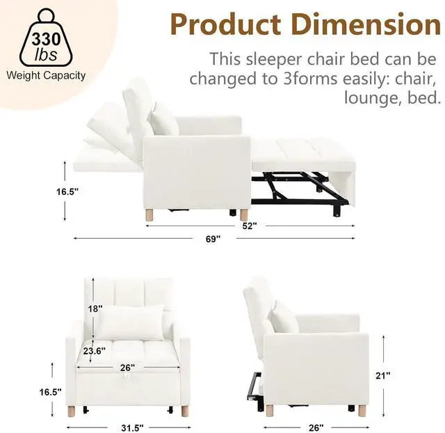 Alt view image 2 of 7 - 3 in 1 Convertible Chair Bed, Velvet Fabric Single Sleeper Chair Bed with Pillow, Multi-Functional Sleeper Chair with Adjustable Backrest, Pull Out Sofa Bed for Bedroom,Living Room,White