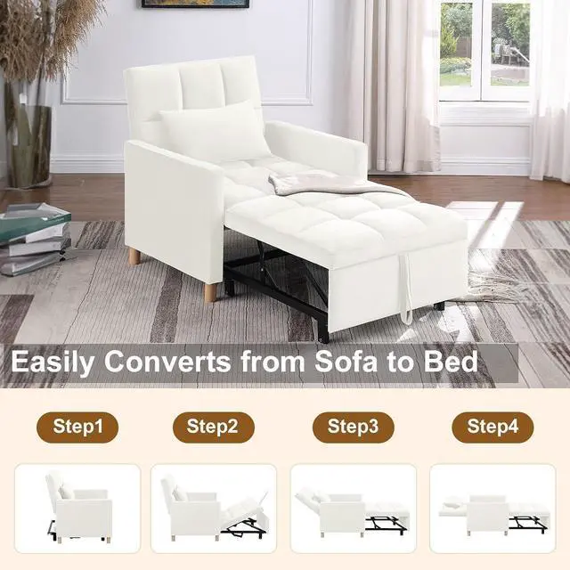 Alt view image 3 of 7 - 3 in 1 Convertible Chair Bed, Velvet Fabric Single Sleeper Chair Bed with Pillow, Multi-Functional Sleeper Chair with Adjustable Backrest, Pull Out Sofa Bed for Bedroom,Living Room,White