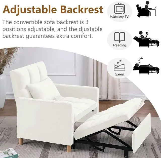Alt view image 4 of 7 - 3 in 1 Convertible Chair Bed, Velvet Fabric Single Sleeper Chair Bed with Pillow, Multi-Functional Sleeper Chair with Adjustable Backrest, Pull Out Sofa Bed for Bedroom,Living Room,White