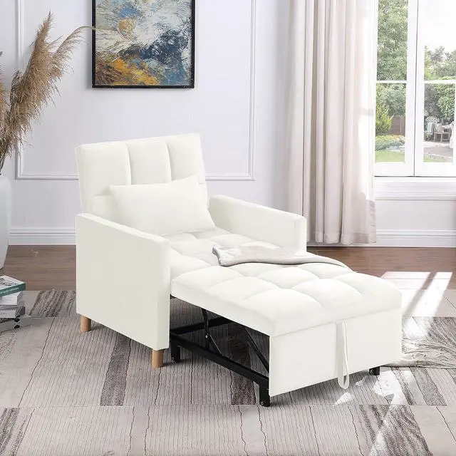 Main image of 3 in 1 Convertible Chair Bed, Velvet Fabric Single Sleeper Chair Bed with Pillow, Multi-Functional Sleeper Chair with Adjustable Backrest, Pull Out Sofa Bed for Bedroom,Living Room,White