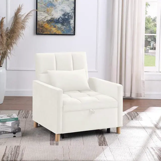 Alt view image 6 of 7 - 3 in 1 Convertible Chair Bed, Velvet Fabric Single Sleeper Chair Bed with Pillow, Multi-Functional Sleeper Chair with Adjustable Backrest, Pull Out Sofa Bed for Bedroom,Living Room,White