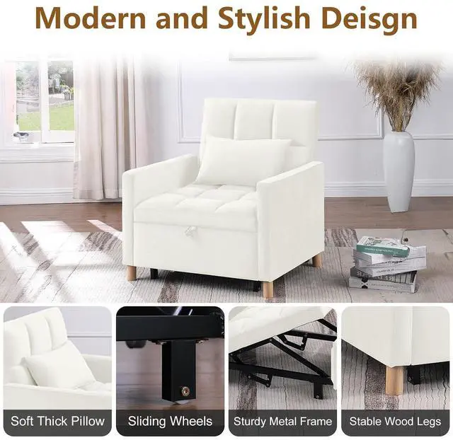 Alt view image 5 of 7 - 3 in 1 Convertible Chair Bed, Velvet Fabric Single Sleeper Chair Bed with Pillow, Multi-Functional Sleeper Chair with Adjustable Backrest, Pull Out Sofa Bed for Bedroom,Living Room,White