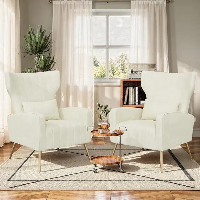 Main image of Beige Velvet Accent Chair Set of 2, Wingback Chair for Living Room, High Back Arm Chair with Golden Legs Lumbar Pillow, Upholstered Single Sofa Bedroom