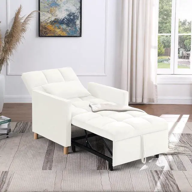 Alt view image 7 of 7 - 3 in 1 Convertible Chair Bed, Velvet Fabric Single Sleeper Chair Bed with Pillow, Multi-Functional Sleeper Chair with Adjustable Backrest, Pull Out Sofa Bed for Bedroom,Living Room,White
