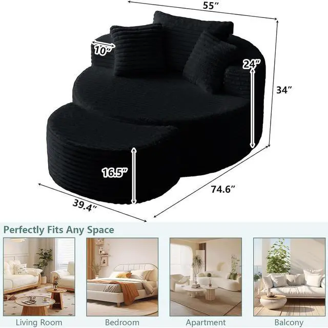 Alt view image 2 of 7 - 55'' Oversized Round Chair Lounge Chaise Indoor with Ottoman, Cloud Corduroy Upholstered Floor Sofa, Boneless Circle Chair for Reading, Living Room, Bedroom, Apartment, Jet Black