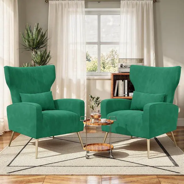 Main image of Green Velvet Accent Chair Set of 2, Wingback Chair for Living Room, High Back Arm Chair with Golden Legs Lumbar Pillow, Upholstered Single Sofa Bedroom