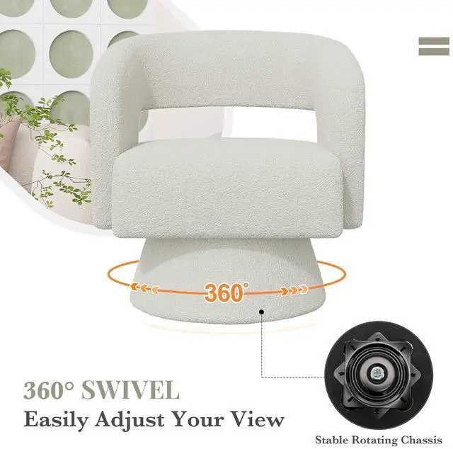 Alt view image 3 of 6 - Swivel Barrel Accent Chair,Oversized Teddy Upholstered Round Swivel Chair,Modern Luxury 360 Degree Living Room Vanity Chair for Bedroom Office,White