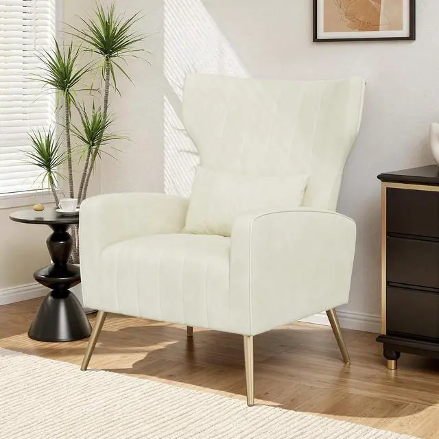 Main image of Velvet Accent Chair Wingback for Living Room, High Back Arm Chair with Golden Legs Lumbar Pillow, Upholstered Single Sofa Bedroom Beige