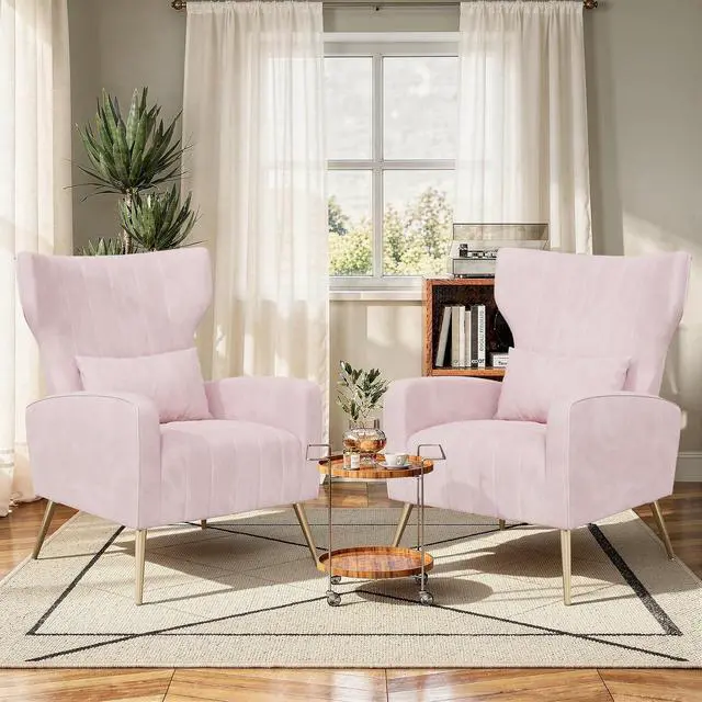 Main image of Pink Velvet Accent Chair Set of 2, Wingback Chair for Living Room, High Back Arm Chair with Golden Legs Lumbar Pillow, Upholstered Single Sofa Bedroom